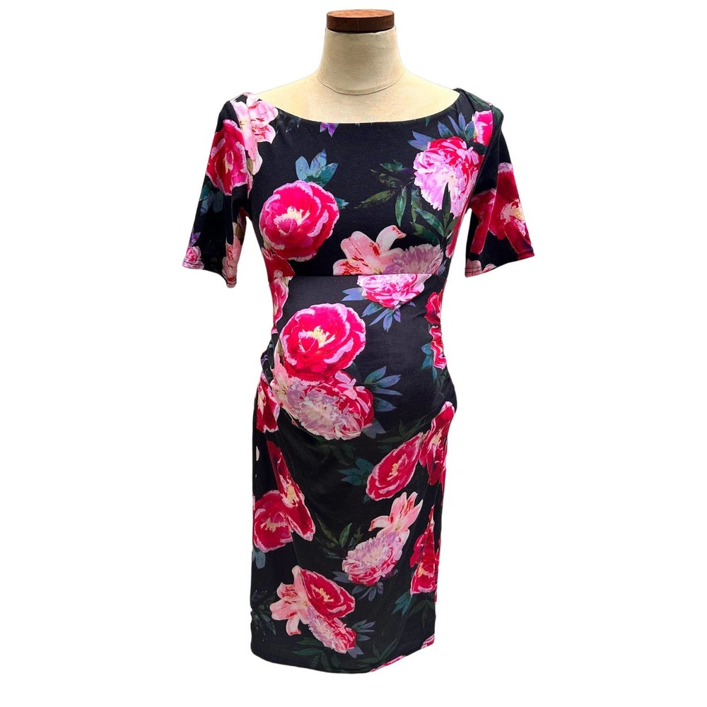 ASOS Maternity Floral Bodycon Midi Dress Size 4 Black Pink Rose Print Stretch - Picture 4 of 14